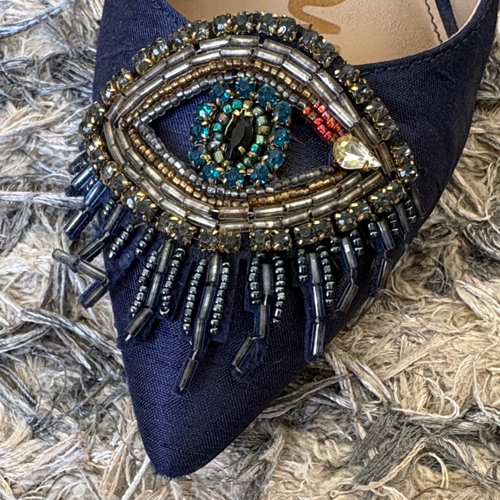 Sam Edelman Navy Beaded Pointed Toe Ankle Strap Heels Size 6 Limited Edition - Picture 13 of 16